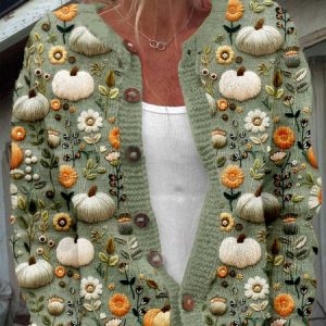 Fall Pumpkins Embroidered Cozy Knit Cardigan, Cardigans, Lilicloth.com