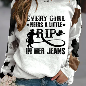 Women's Every Girl Needs A Little RIP In Her Jeans Print Crew Neck Sweatshirt, Hoodies&Sweatshirts, Lilicloth.com