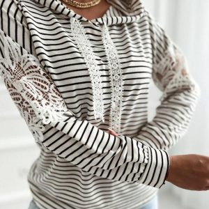 Striped Guipure Lace Spliced Long Sleeve Asymmetrical Hem Pullover Casual Lace Drawstring Hoodie Sweatshirt, women Sweats & Hoodies, ChicMe catalog