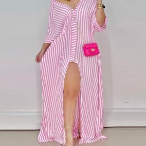 Striped Button Design High Slit Maxi Dress, women Shirt Dresses, ChicMe catalog