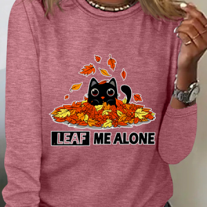 Leaf Me Alone Fall Cat Casual Long Sleeve Shirtw, Long sleeves, Lilicloth.com