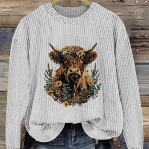 Plant and Flower Art Highland Cow Round Neck Sweater, Sweaters, Lilicloth.com