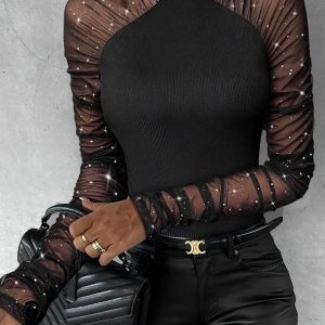 Glitter Mock Neck Sheer Mesh Patch Ruched Ribbed Bodysuits Outfits for Going Out, women Bodysuit, ChicMe catalog