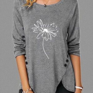 Casual Simple Floral Print Crew Neck Long Sleeve Shirt, Long sleeves, Lilicloth.com