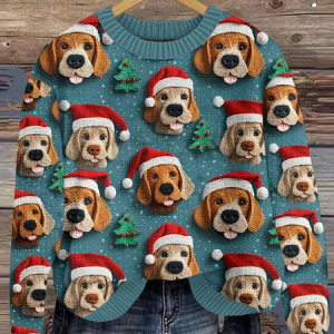 Women's Christmas Dog Art Print Crew Neck Knit Sweater, Sweaters, Lilicloth.com