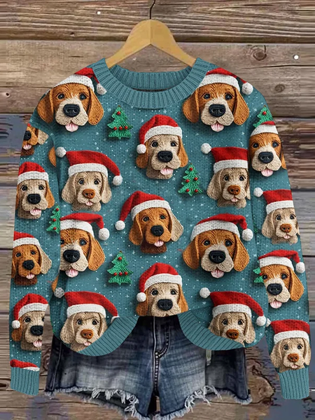 Women's Christmas Dog Art Print Crew Neck Knit Sweater, Sweaters, Lilicloth.com