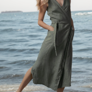 STYLE WE x CHILLINEN |Linen V Neck Plain Linen Dress With No, Midi Dresses, color:Green|size:XXL, Stylewe