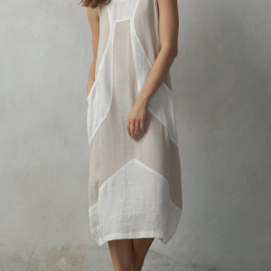 STYLE WE x CHILLINEN |Crew Neck Plain Linen Linen Dress With No, Midi Dresses, color:White|size:XXL, Stylewe