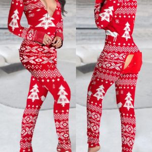 Christmas Print V-Neck Jumpsuit Functional Buttoned Flap Adults Pajamas One Piece Overall, women Pajama Rompers & Jumpsuits, ChicMe catalog