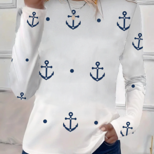 Women's Long Sleeve T-shirt Spring/Fall White Anchor Printing Jersey Crew Neck Daily Going Out Casual Top, Long sleeves, Lilicloth.com