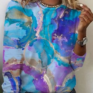 Women's Long Sleeve T-shirt Spring/Fall Blue Abstract Cotton Crew Neck Daily Going Out Casual Top, Long sleeves, Lilicloth.com