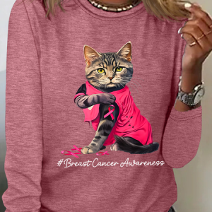 Breast Cancer Awareness Cat Casual Long Sleeve Shirt, Long sleeves, Lilicloth.com