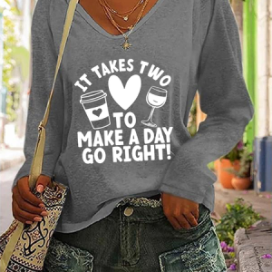 It Takes Two To Make A Day Go Right Casual V-Neck Long Sleeve Shirt, Long sleeves, Lilicloth.com