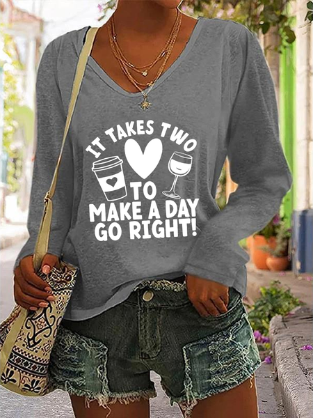 It Takes Two To Make A Day Go Right Casual V-Neck Long Sleeve Shirt, Long sleeves, Lilicloth.com