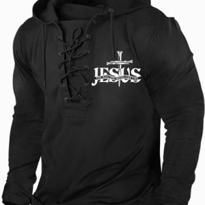 Men’s Jesus The Way The Truth The Life Half Open Collar Text Letters Casual Regular Fit Sweatshirt, Hoodies&Sweatshirts, Lilicloth.com