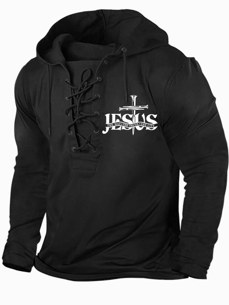 Men’s Jesus The Way The Truth The Life Half Open Collar Text Letters Casual Regular Fit Sweatshirt, Hoodies&Sweatshirts, Lilicloth.com