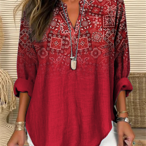Women's Classical Geometry Long Sleeve Shirt Spring/Fall V Neck Daily Casual Top, JustFashionNow Blouses, color:Red|size:5XL,