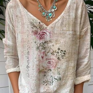 Vintage 3D Printing V Neck Long Sleeve T-shirt, T-shirts, color:As Picture|size:XXL, catalog Noracora shop