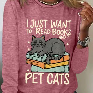 I Just Want To Read Books And Pet Cats Casual Long Sleeve Shirt, Long sleeves, Lilicloth.com