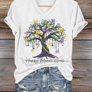 Women's Happy Mardi Gras Beads Tree Casual V-Neck Tee, T-shirts, Lilicloth.com
