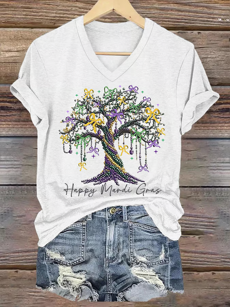 Women's Happy Mardi Gras Beads Tree Casual V-Neck Tee, T-shirts, Lilicloth.com