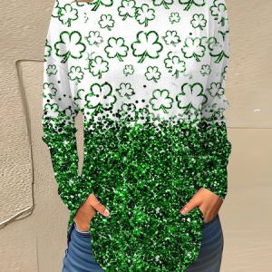 Women's St. Patrick's Day Glitter Clover Printed Top Long sleeve Shirt, Long sleeves, Lilicloth.com