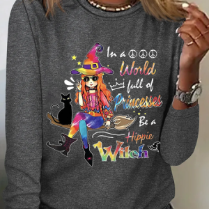 Hippie Girl And Black Cat A Hippie Witch Halloween T-shirt, Long sleeves, Lilicloth.com