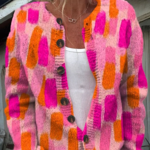 Women's Pink Art Color Block Breast Cancer Sweater Knit Cardigan, Cardigans, Lilicloth.com