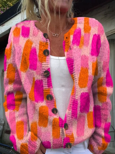 Women's Pink Art Color Block Breast Cancer Sweater Knit Cardigan, Cardigans, Lilicloth.com