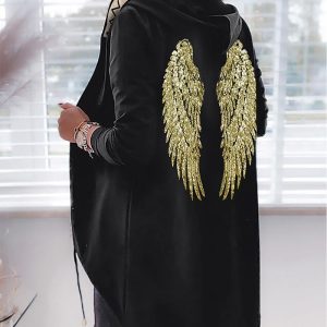 Geometric Wings Pattern Contrast Sequin Asymmetrical Coat Oversized Zip Up Hooded Jacket, women Jackets & Coats, ChicMe catalog
