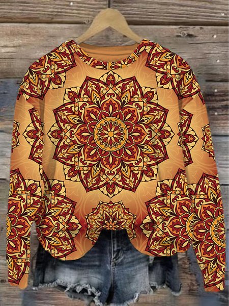 Women's Crew Neck Ethnic Casual Spring/Fall Long Sleeve Sweatshirt, JustFashionNow Sweatshirts & Hoodies, color:Orange|size:XXL,