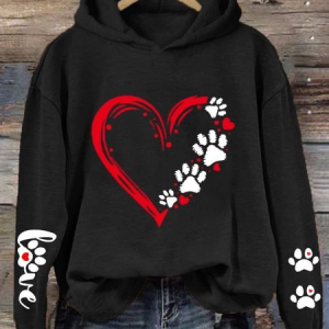 Women's Dog Paw Print Love Valentine's Day Loose Casual Hoodie, Hoodies&Sweatshirts, Lilicloth.com