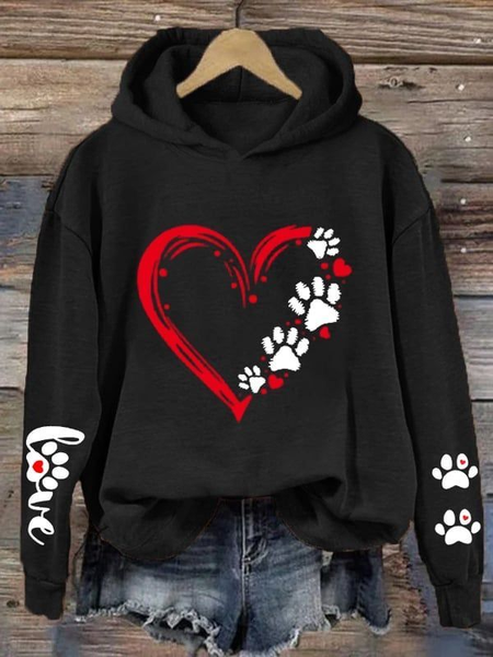Women's Dog Paw Print Love Valentine's Day Loose Casual Hoodie, Hoodies&Sweatshirts, Lilicloth.com