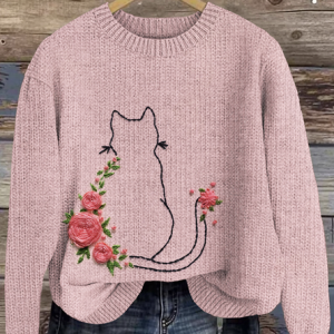 Plant Flower Cat Art Round Neck Sweater, Sweaters, Lilicloth.com