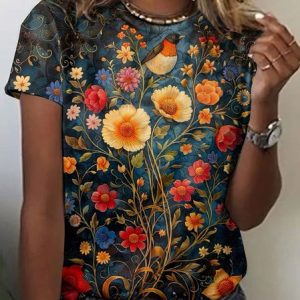 Women's Floral Short Sleeve Tee T-shirt Crew Neck Vintage Summer Top, JustFashionNow T-Shirts, color:Dark Blue|size:4XL