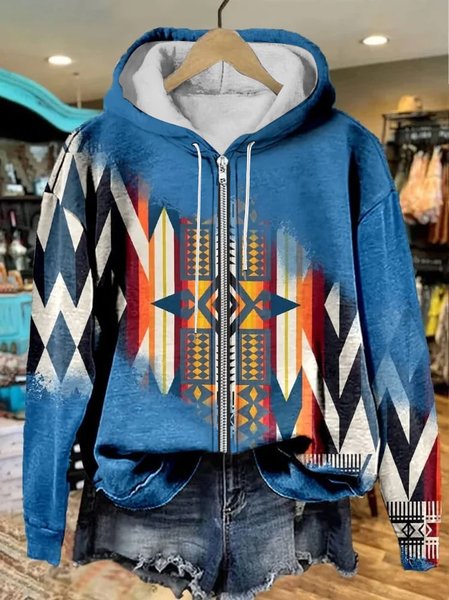 Blue Aztec Print Casual Sweatshirt Hoodie, Hoodies&Sweatshirts, Lilicloth.com