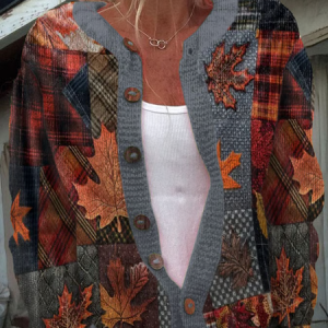 Women's Thanksgiving Pumpkin Maple Leaf Print Crew Neck Knitted Casual Cardigan, Cardigans, Lilicloth.com