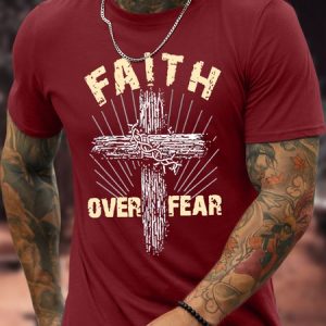 Men's Faith Over Fear Funny Graphic Print Cotton Casual Loose Text Letters T-Shirt, T-shirts, Lilicloth.com