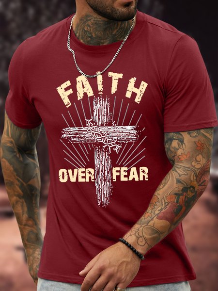 Men's Faith Over Fear Funny Graphic Print Cotton Casual Loose Text Letters T-Shirt, T-shirts, Lilicloth.com