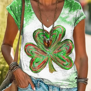 Women's Shamrock Ombre Short Sleeve Tee T-shirt V Neck Casual Summer Top, JustFashionNow T-Shirts, color:Green|size:5XL,