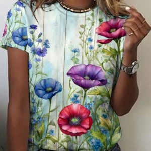 Casual Floral Art Print Crew Neck Short Sleeve T-shirt, T-shirts, color:Lightgreen|size:4XL, catalog Noracora shop