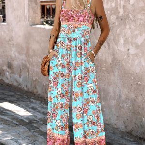 Floral Print Square Neck Thick Strap Shirred Jumpsuit Wide Leg Overalls with Pockets, women Jumpsuits, ChicMe catalog