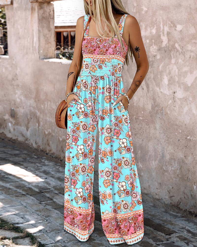 Floral Print Square Neck Thick Strap Shirred Jumpsuit Wide Leg Overalls with Pockets, women Jumpsuits, ChicMe catalog