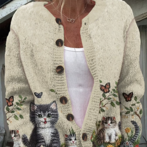 Knitted Crew Neck Casual Regular Fit Cardigan, Cardigans, Lilicloth.com