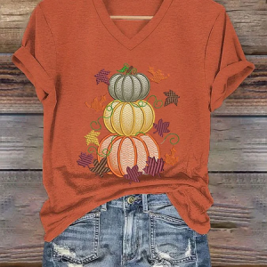 Women's Thanksgiving Pumpkin Maple Leaves Printed T-Shirt, T-shirts, Lilicloth.com