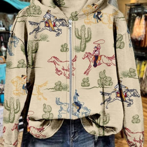 Vintage Western Cactus Rodeo Zipper Sweatshirt Hoodie, Hoodies&Sweatshirts, Lilicloth.com