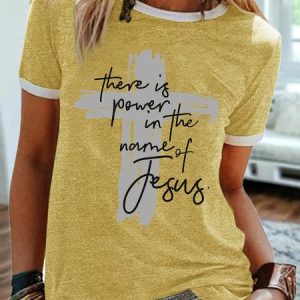 Women's Religious Bible Cross There Is Power In The Name Of Fesus Funny Graphic Printing Text Letters Crew Neck Casual T-Shirt, T-shirts, Lilicloth.com