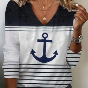 Anchor Print Long Sleeve V-Neck T-shirt, Long sleeves, Lilicloth.com