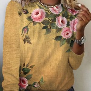Women's Long Sleeve T-shirt Spring/Fall Yellow Floral Cotton Crew Neck Daily Going Out Casual Top, Long sleeves, Lilicloth.com