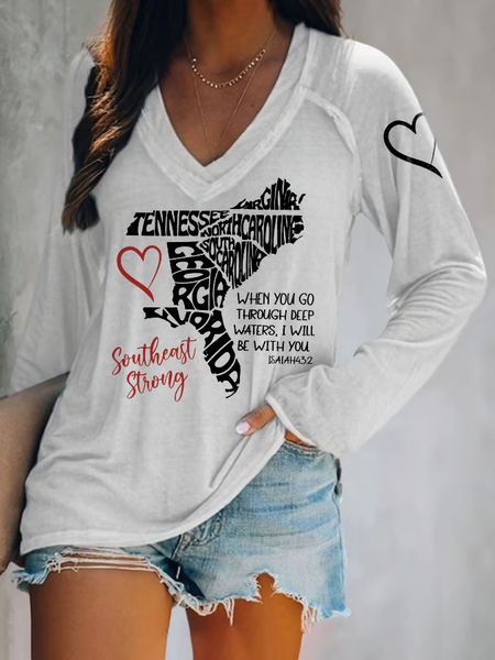V-neck Retro Southeast Strong When You Go Through Deep Waters, I Will Be With You Isaiah 43:2 Tennessee Georgia, South Carolina, North Carolina, , Virginia, Florida Print T-Shirt, Long sleeves, Lilicloth.com